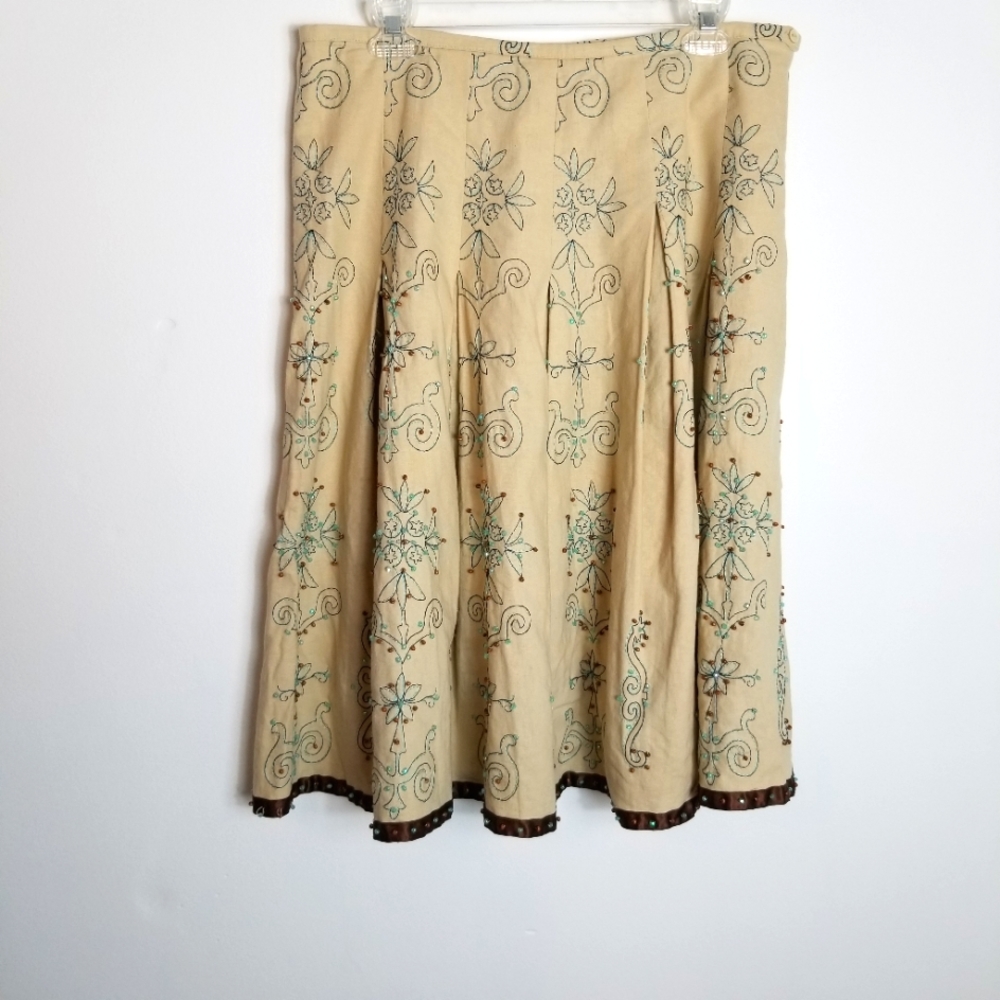 Ninety Linen Blend Embroidered Beaded Hip Pleat Midi Skirt